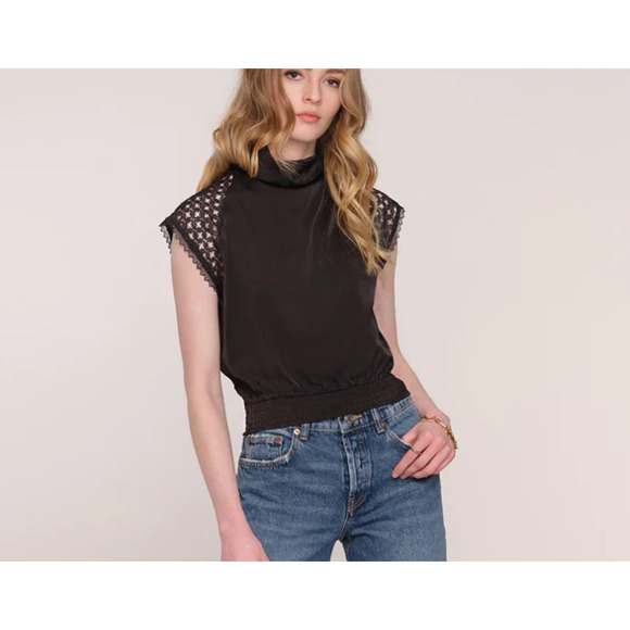 Heartloom Beatriz Top, Lace Short Sleeve, Elastic waist Satin Blouse | S, Black - Picture 2 of 14